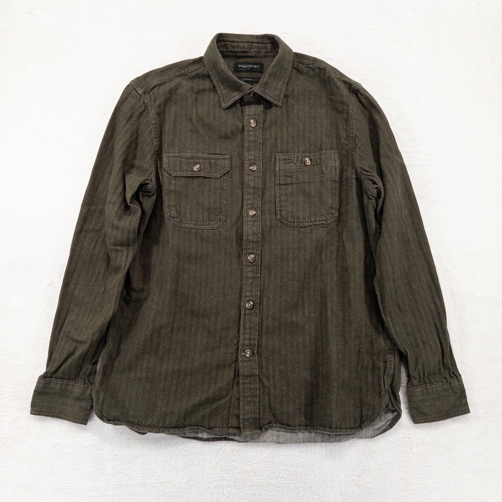 Banana Republic Mens Shirt M TALL Olive Green Herringbone Workwear Heritage